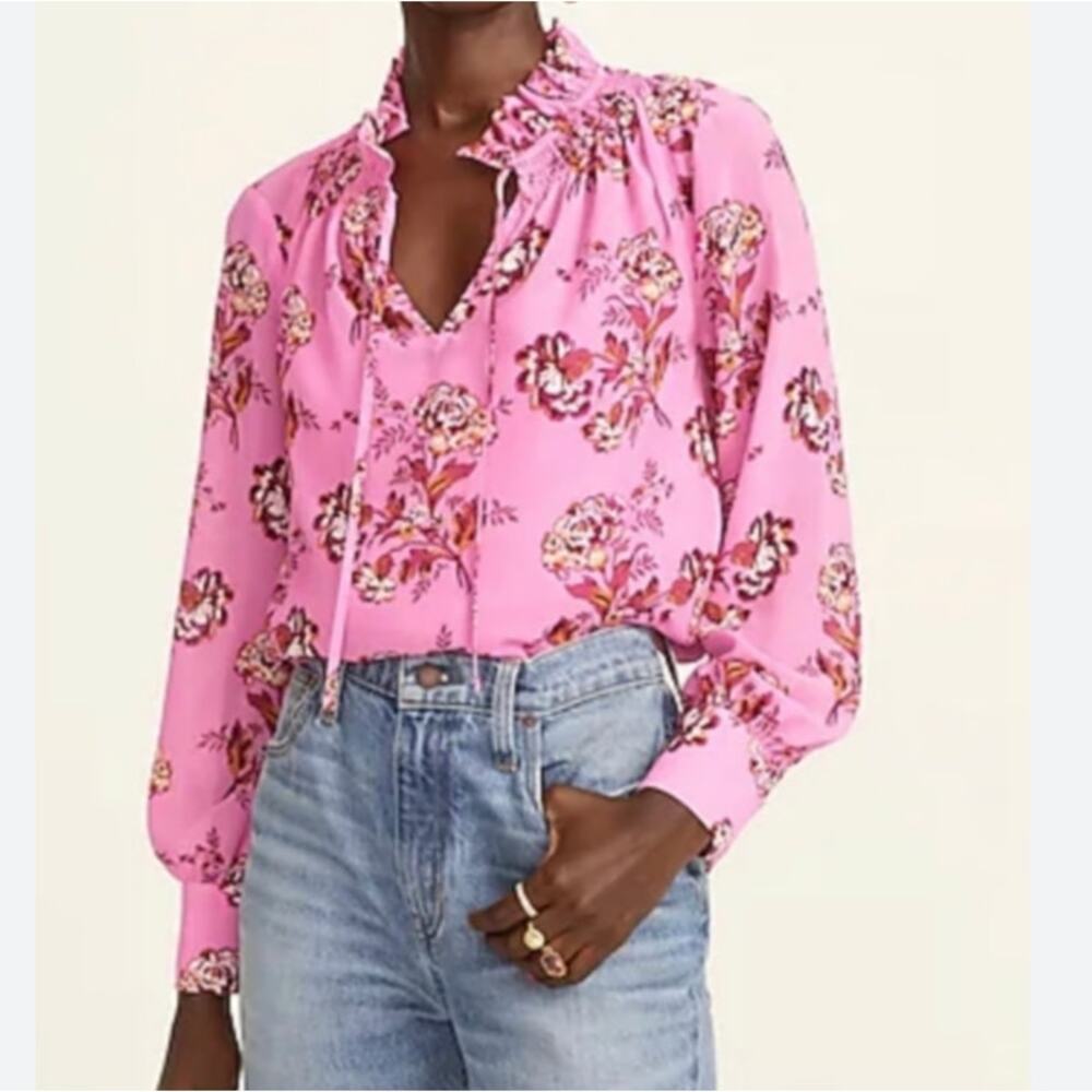 J.Crew Size Small Drapey Tie-Neck Ruffle Top in Marigold Bouquets Pink Feminine